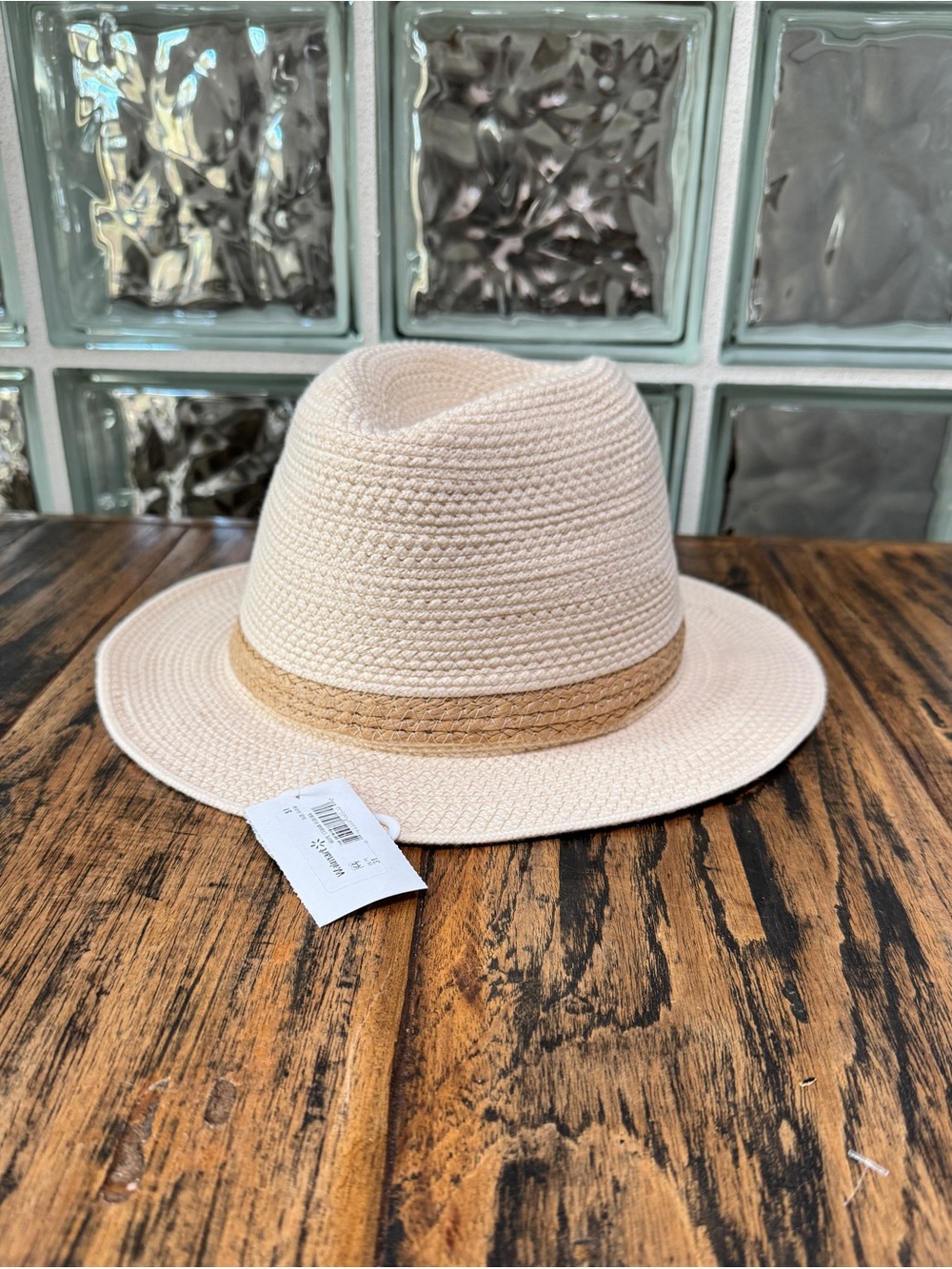 NWT Time and Tru Rope Straw Fedora Hat Cream Tan Band OS Foldable Irregular
